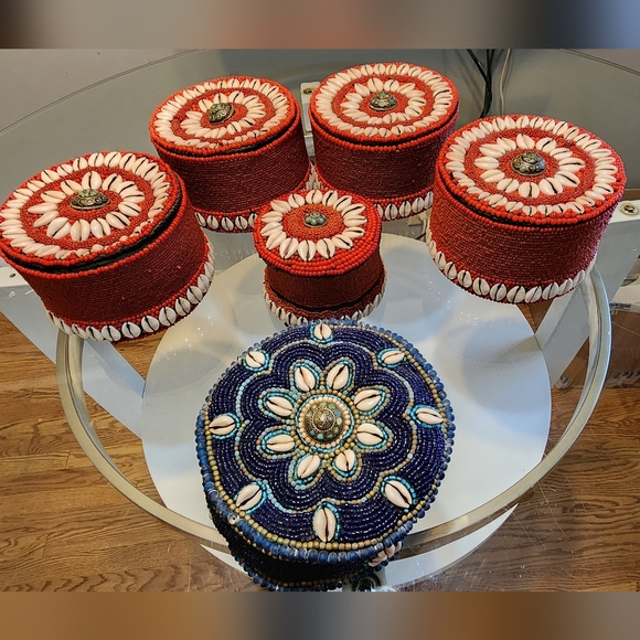 VTG Vintage Handmade African Indian Indonesian Asian Beaded Boxes & Hat 6pc Set
